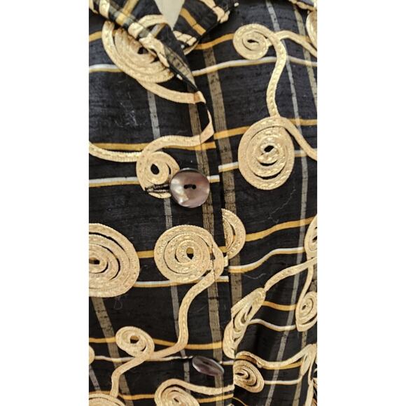 VTG 90s Giancarlo Ferrari‎ 100% Silk Top Black Gold Rope Embroidery Jacket Sm - Picture 3 of 7